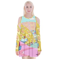 Pillows And Vegetable Field Illustration Adventure Time Cartoon Velvet Long Sleeve Shoulder Cutout Dress by Sarkoni