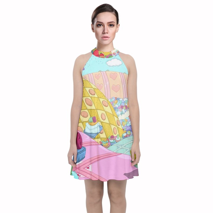 Pillows And Vegetable Field Illustration Adventure Time Cartoon Velvet Halter Neckline Dress 