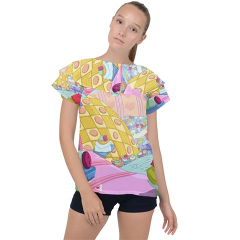 Pillows And Vegetable Field Illustration Adventure Time Cartoon Ruffle Collar Chiffon Blouse by Sarkoni