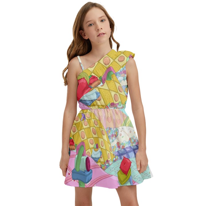 Pillows And Vegetable Field Illustration Adventure Time Cartoon Kids  One Shoulder Party Dress