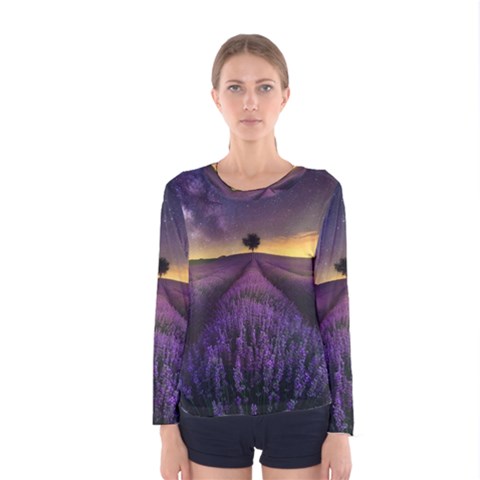 Bed Of Purple Petaled Flowers Photography Landscape Nature Women s Long Sleeve T-shirt by Sarkoni