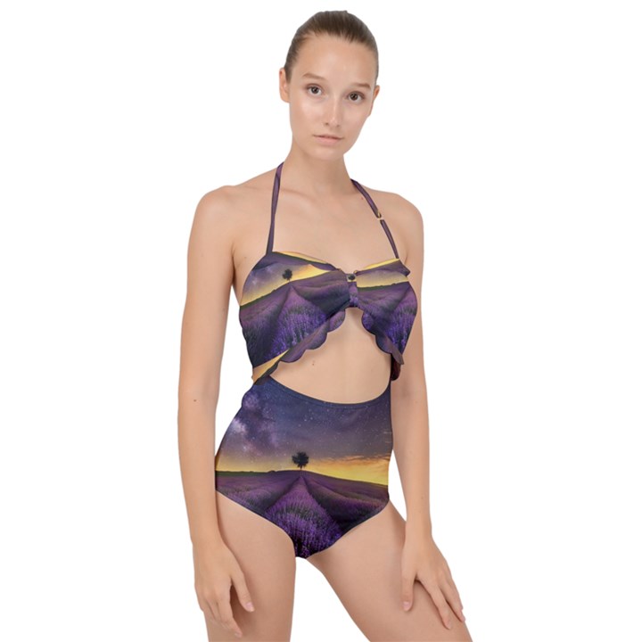 Bed Of Purple Petaled Flowers Photography Landscape Nature Scallop Top Cut Out Swimsuit