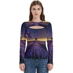 Bed Of Purple Petaled Flowers Photography Landscape Nature Women s Cut Out Long Sleeve T-shirt by Sarkoni