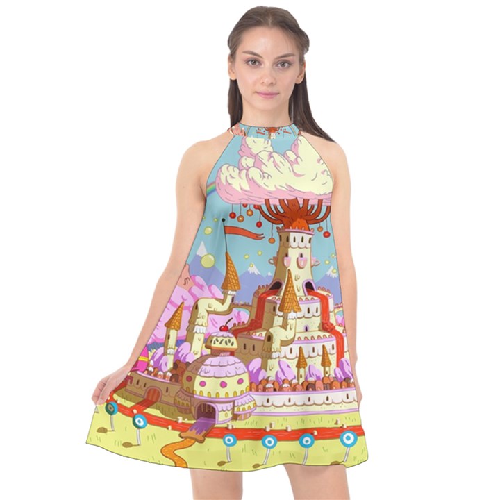 Adventure Time Multi Colored Celebration Nature Halter Neckline Chiffon Dress 