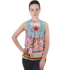 Adventure Time Multi Colored Celebration Nature Mock Neck Chiffon Sleeveless Top by Sarkoni