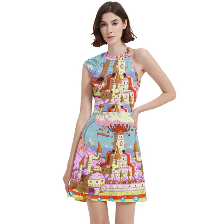 Adventure Time Multi Colored Celebration Nature Cocktail Party Halter Sleeveless Dress With Pockets