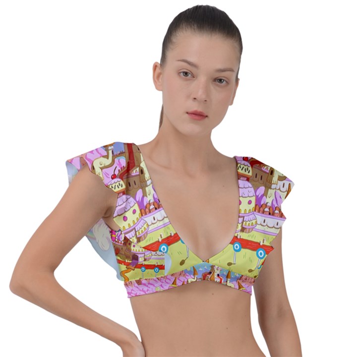 Adventure Time Multi Colored Celebration Nature Plunge Frill Sleeve Bikini Top