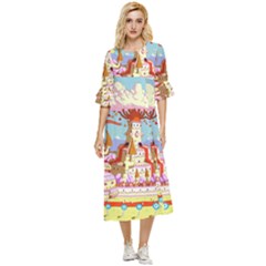 Adventure Time Multi Colored Celebration Nature Double Cuff Midi Dress by Sarkoni