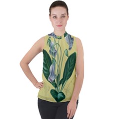 Botanical Plants Green Mock Neck Chiffon Sleeveless Top by Sarkoni