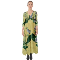 Botanical Plants Green Button Up Boho Maxi Dress by Sarkoni