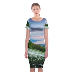 Field Of White Petaled Flowers Nature Landscape Classic Short Sleeve Midi Dress by Sarkoni