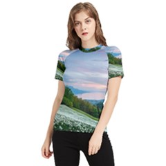 Field Of White Petaled Flowers Nature Landscape Women s Short Sleeve Rash Guard by Sarkoni