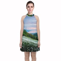 Field Of White Petaled Flowers Nature Landscape Velvet Halter Neckline Dress 