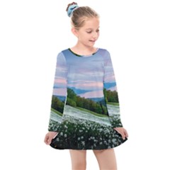 Field Of White Petaled Flowers Nature Landscape Kids  Long Sleeve Dress by Sarkoni