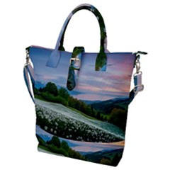 Field Of White Petaled Flowers Nature Landscape Buckle Top Tote Bag by Sarkoni