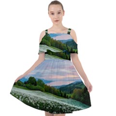 Field Of White Petaled Flowers Nature Landscape Cut Out Shoulders Chiffon Dress by Sarkoni