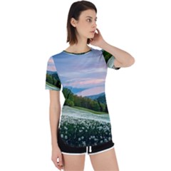 Field Of White Petaled Flowers Nature Landscape Perpetual Short Sleeve T-shirt by Sarkoni