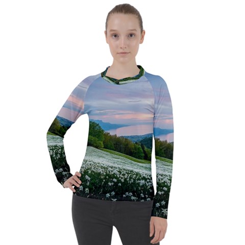 Field Of White Petaled Flowers Nature Landscape Women s Pique Long Sleeve T-shirt by Sarkoni