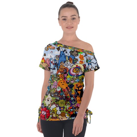 Cartoon Characters Tv Show  Adventure Time Multi Colored Off Shoulder Tie-up T-shirt by Sarkoni