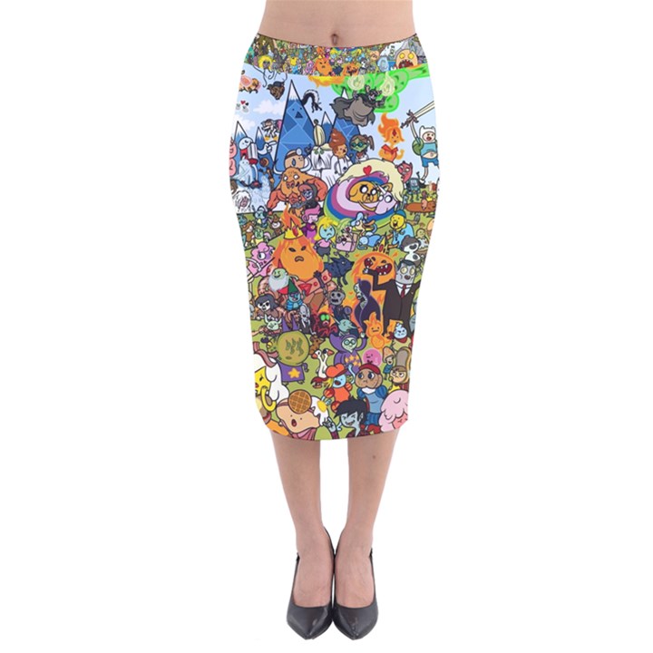 Cartoon Characters Tv Show  Adventure Time Multi Colored Velvet Midi Pencil Skirt