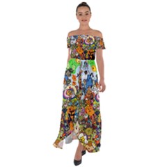 Cartoon Characters Tv Show  Adventure Time Multi Colored Off Shoulder Open Front Chiffon Dress by Sarkoni