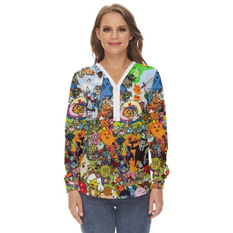 Cartoon Characters Tv Show  Adventure Time Multi Colored Zip Up Long Sleeve Blouse by Sarkoni