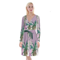 Botanical Plants Green Sheet Art Long Sleeve Velvet Front Wrap Dress by Sarkoni