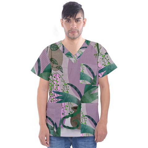 Botanical Plants Green Sheet Art Men s V-neck Scrub Top by Sarkoni