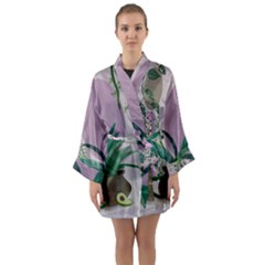 Botanical Plants Green Sheet Art Long Sleeve Satin Kimono by Sarkoni