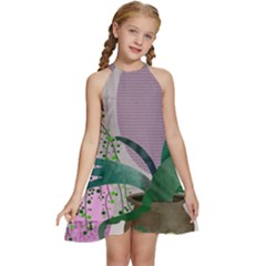 Botanical Plants Green Sheet Art Kids  Halter Collar Waist Tie Chiffon Dress by Sarkoni