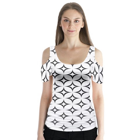 Star Curved Pattern Monochrome Butterfly Sleeve Cutout T-shirt  by Pakjumat