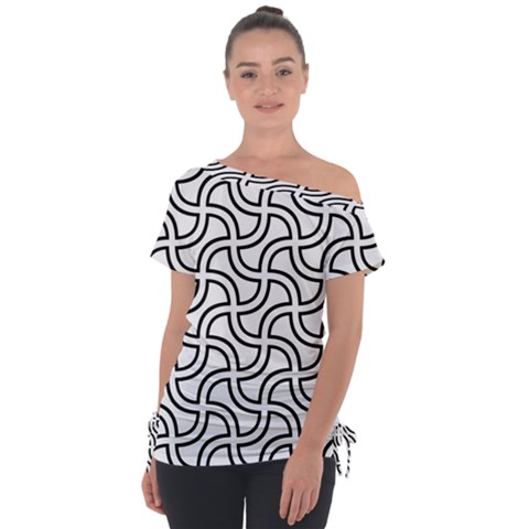 Pattern Monochrome Repeat Black And White Off Shoulder Tie-up T-shirt by Pakjumat