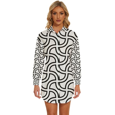 Pattern Monochrome Repeat Black And White Womens Long Sleeve Shirt Dress by Pakjumat