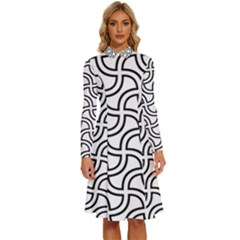 Pattern Monochrome Repeat Black And White Long Sleeve Shirt Collar A-line Dress by Pakjumat