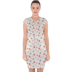 Floral Pattern Wallpaper Retro Capsleeve Drawstring Dress  by Apen