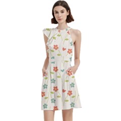 Floral Pattern Wallpaper Retro Cocktail Party Halter Sleeveless Dress With Pockets