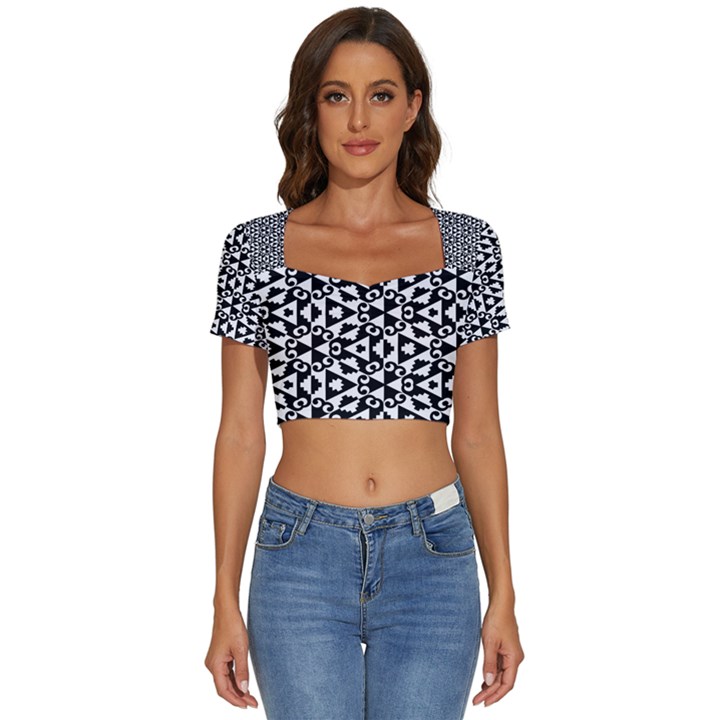 Geometric Tile Background Short Sleeve Square Neckline Crop Top 