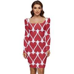 Hearts Pattern Seamless Red Love Women Long Sleeve Ruched Stretch Jersey Dress by Apen