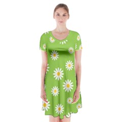 Daisy Flowers Floral Wallpaper Short Sleeve V-neck Flare Dress by Apen