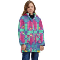 Checkerboard Squares Abstract Texture Patterns Kids  Hooded Longline Puffer Jacket by Apen