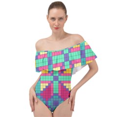 Checkerboard Squares Abstract Texture Patterns Off Shoulder Velour Bodysuit  by Apen