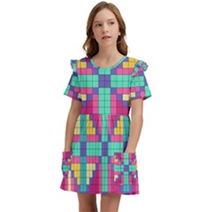 Checkerboard Squares Abstract Texture Patterns Kids  Frilly Sleeves Pocket Dress by Apen