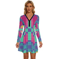 Checkerboard Squares Abstract Texture Patterns Long Sleeve Deep V Mini Dress  by Apen