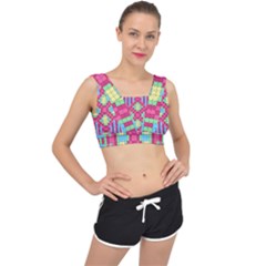 Checkerboard Squares Abstract Texture Pattern V-back Sports Bra by Apen