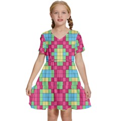 Checkerboard Squares Abstract Texture Pattern Kids  Short Sleeve Tiered Mini Dress by Apen