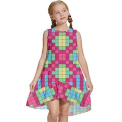 Checkerboard Squares Abstract Texture Pattern Kids  Frill Swing Dress by Apen