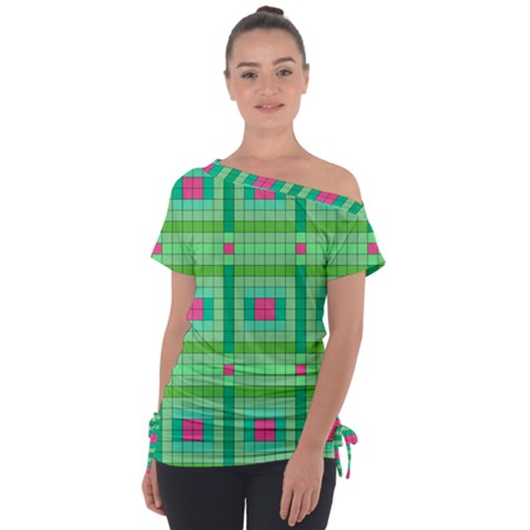 Checkerboard Squares Abstract Off Shoulder Tie-up T-shirt by Apen