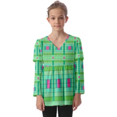 Checkerboard Squares Abstract Kids  V Neck Casual Top