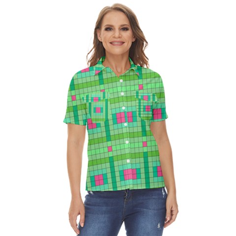 Checkerboard Squares Abstract Women s Short Sleeve Double Pocket Shirt by Apen