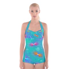 Non Seamless Pattern Blues Bright Boyleg Halter Swimsuit 